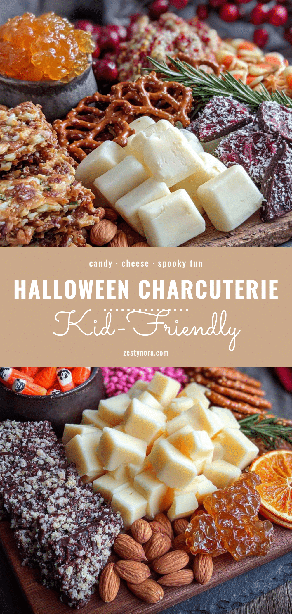 kid-friendly Halloween charcuterie board with candy and cheese recipe