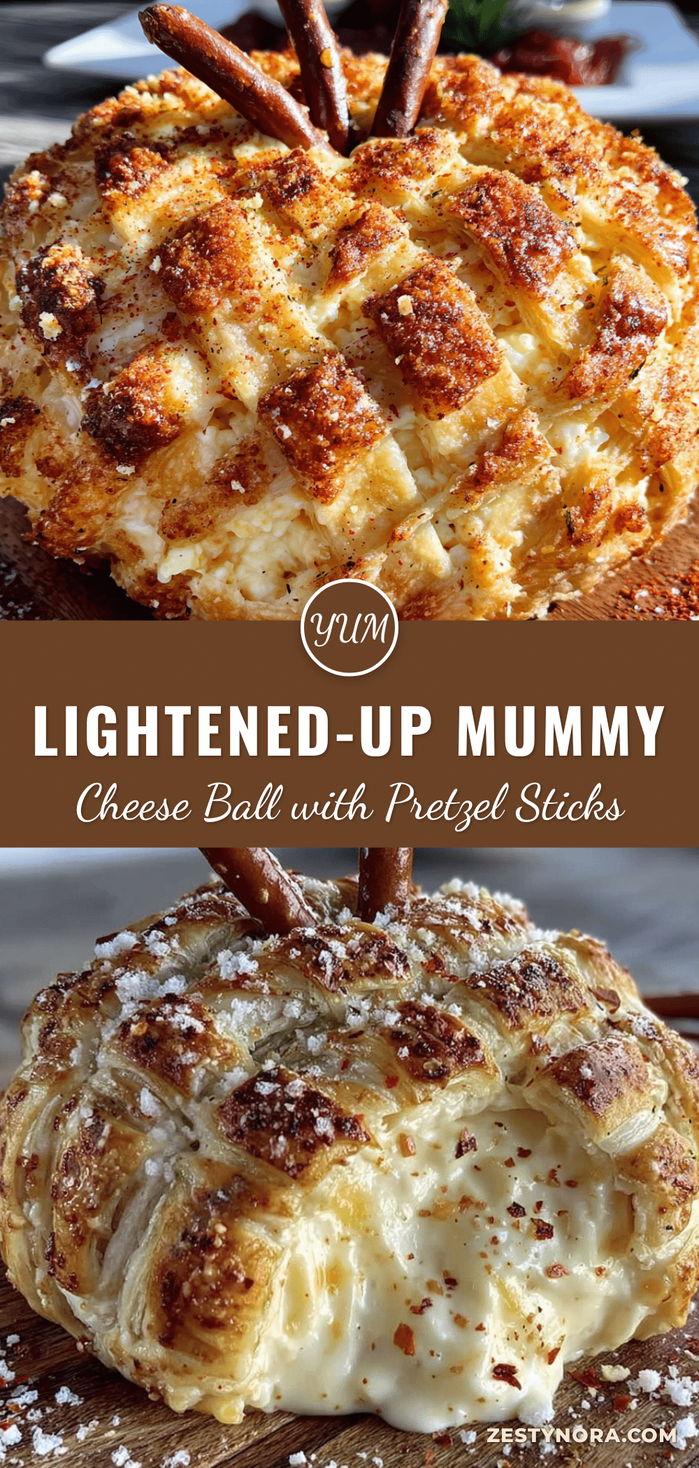 Lightened-Up Mummy Cheese Ball with Pretzel Sticks recipe