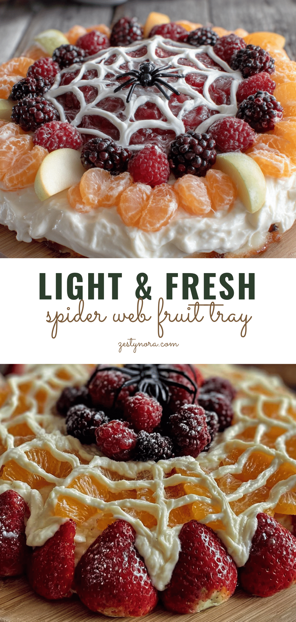 light & fresh spider web fruit tray with easy yogurt dip recipe
